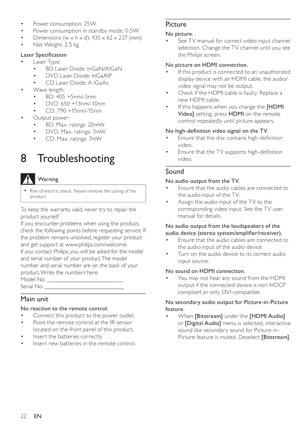 Philips BDP3008 user manual Troubleshooting, Picture, Sound 