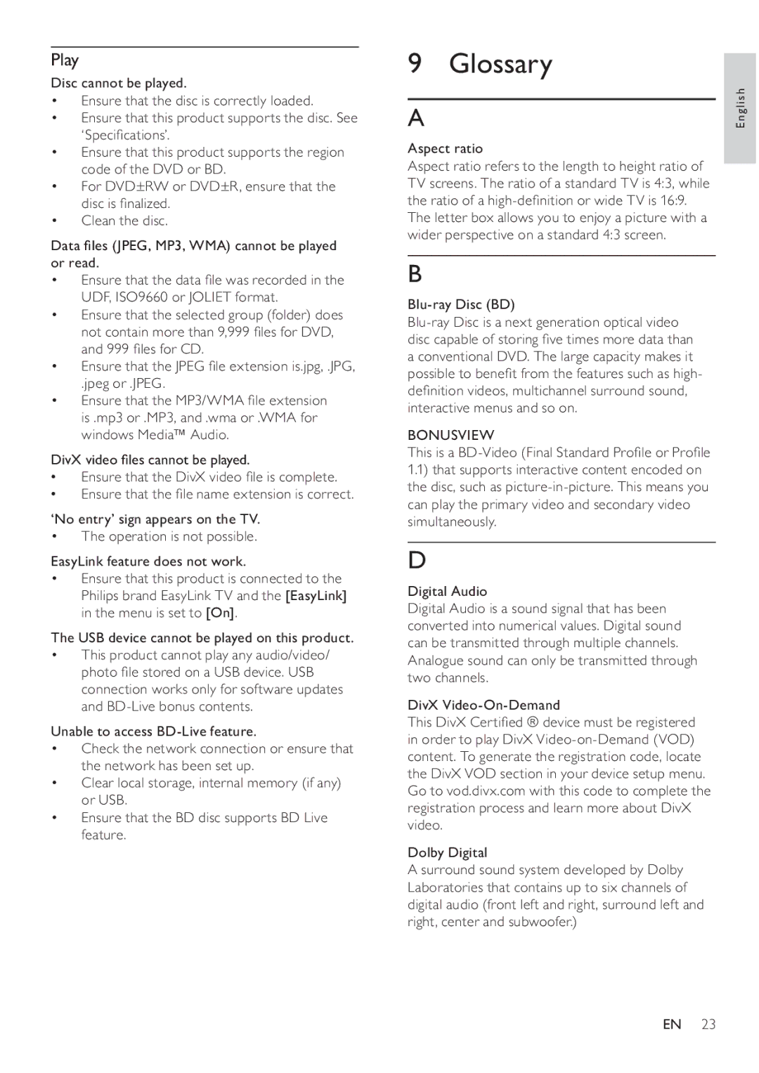 Philips BDP3008 user manual Glossary, Play, Aspect ratio 