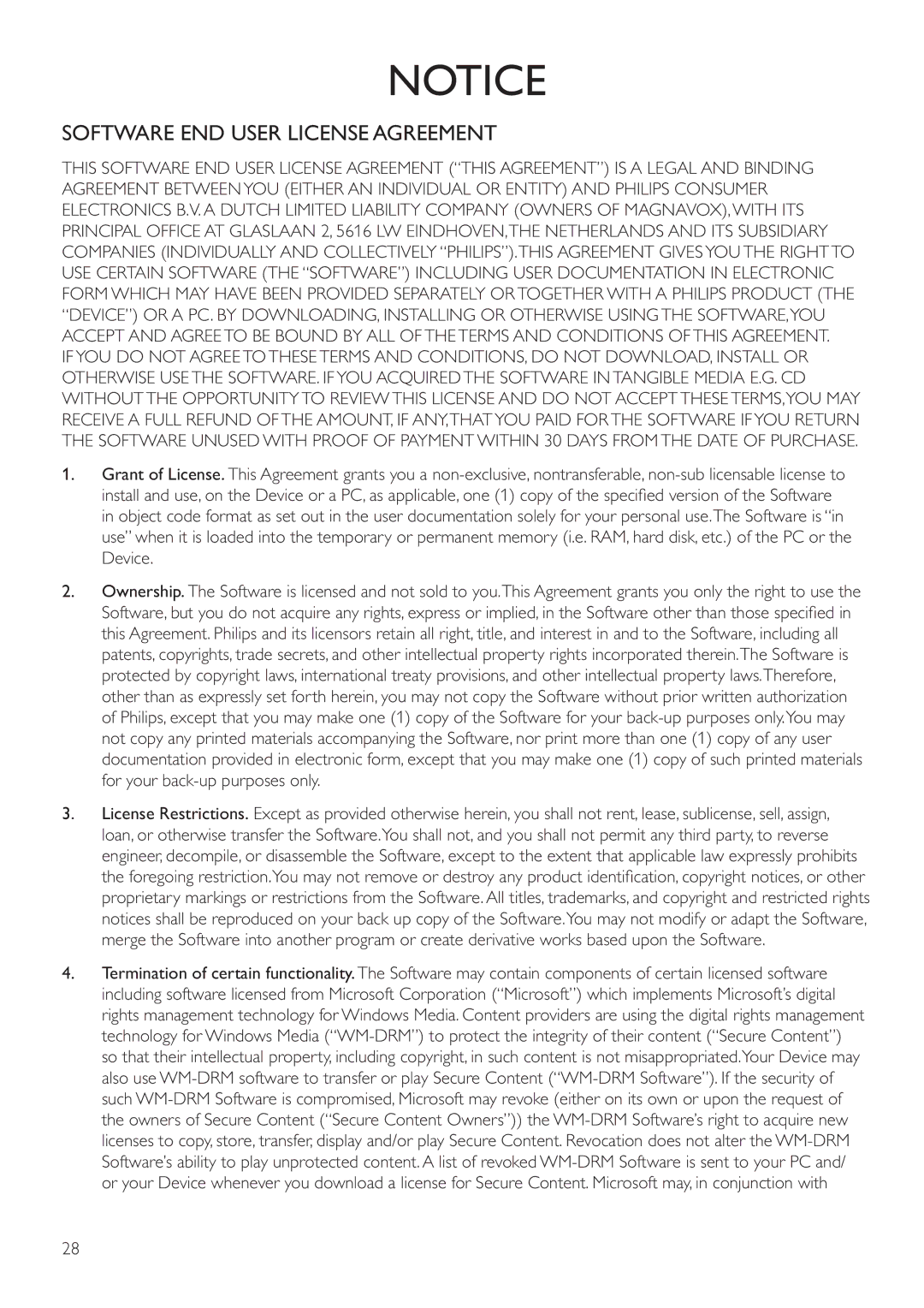 Philips BDP3008 user manual Software END User License Agreement 