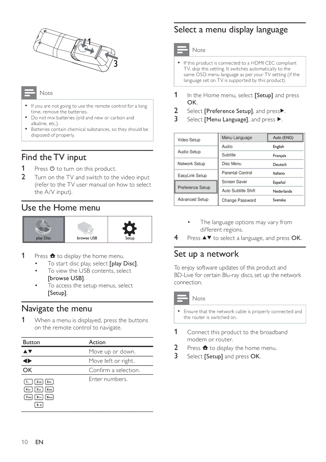 Philips BDP3100 Find the TV input, Use the Home menu, Navigate the menu, Select a menu display language, Set up a network 