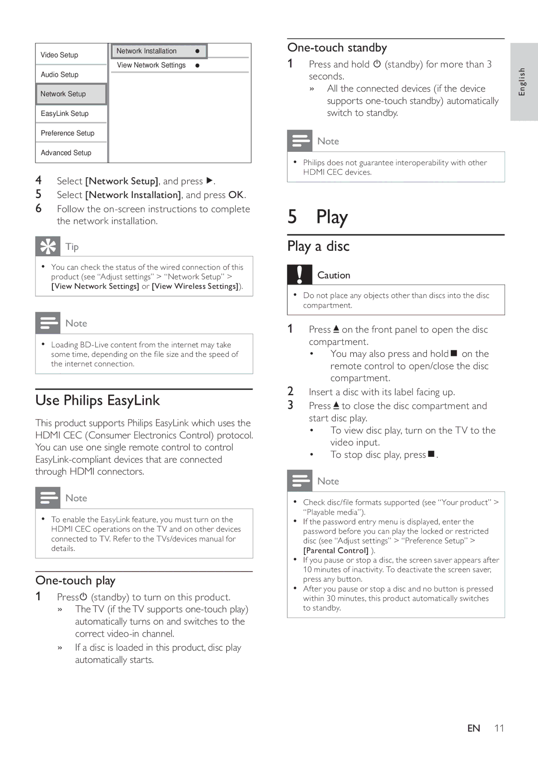 Philips BDP3100 user manual Use Philips EasyLink, Play a disc, One-touch standby, One-touch play 