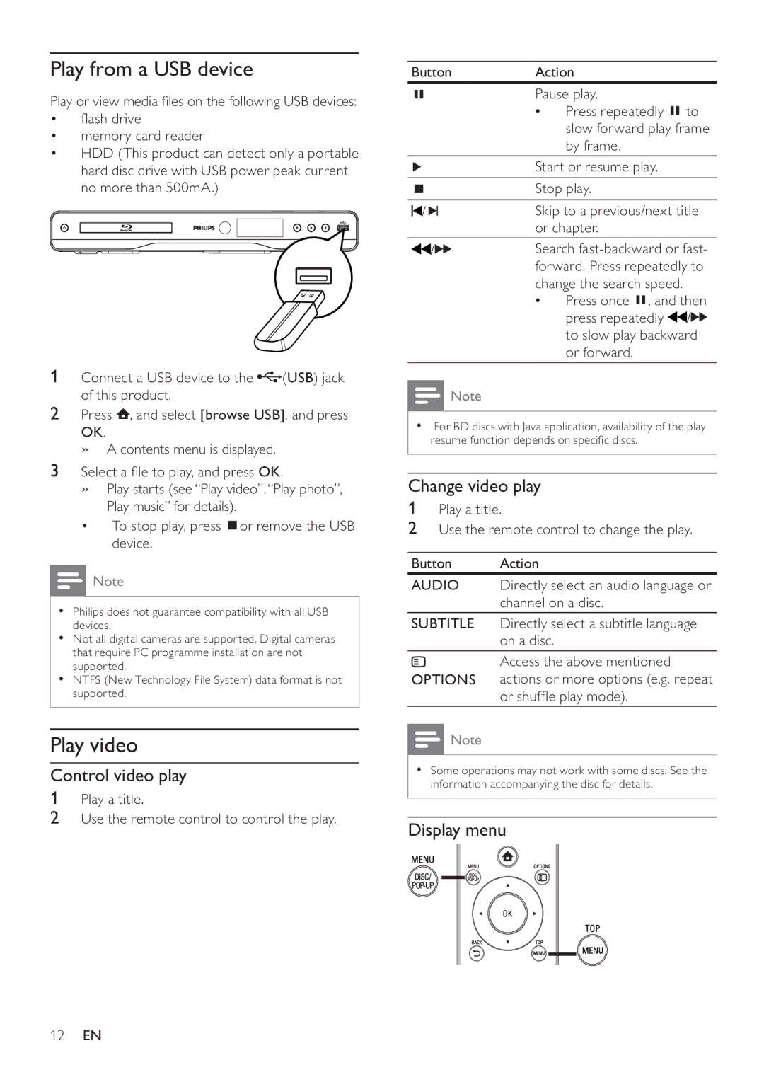 Philips BDP3100 user manual Play from a USB device, Play video, Control video play, Change video play, Display menu 