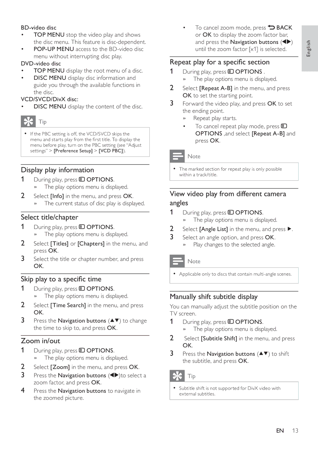 Philips BDP3100 user manual Display play information, Select title/chapter, Skip play to a speciﬁc time, Zoom in/out 