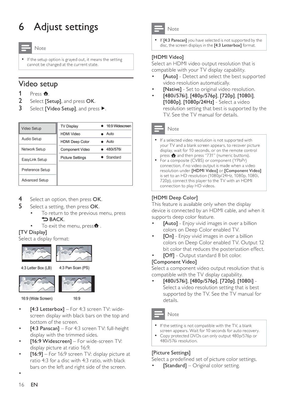 Philips BDP3100 user manual Adjust settings, Video setup 