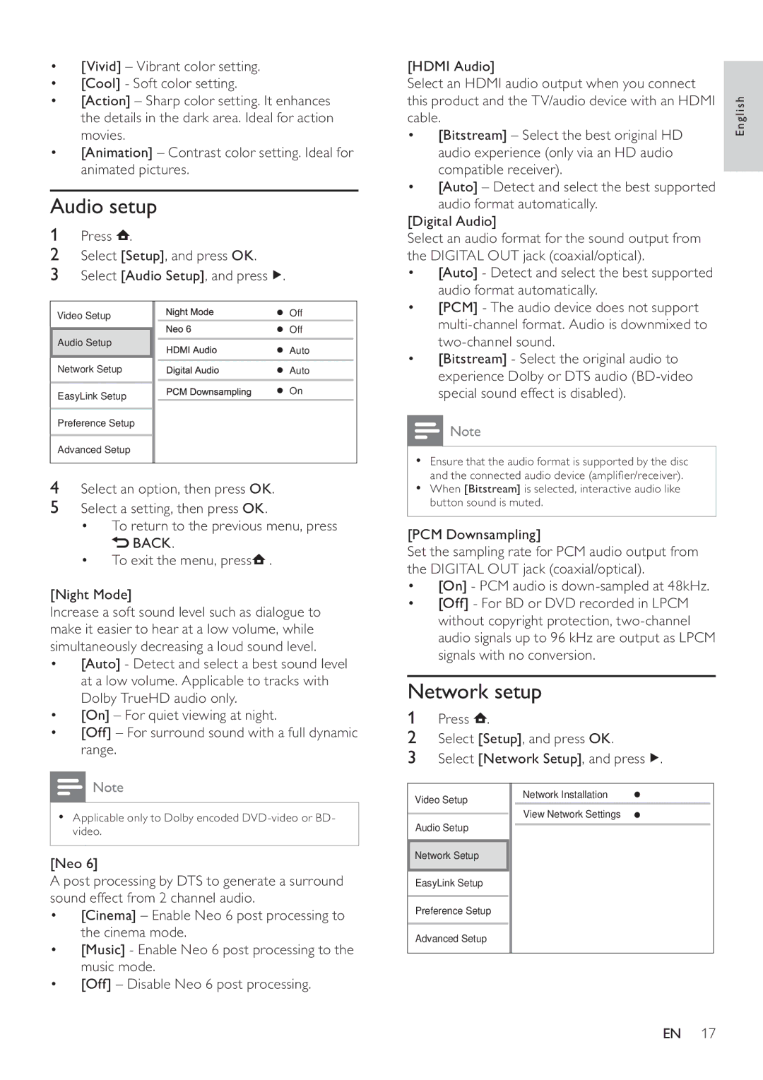 Philips BDP3100 user manual Audio setup, Network setup 