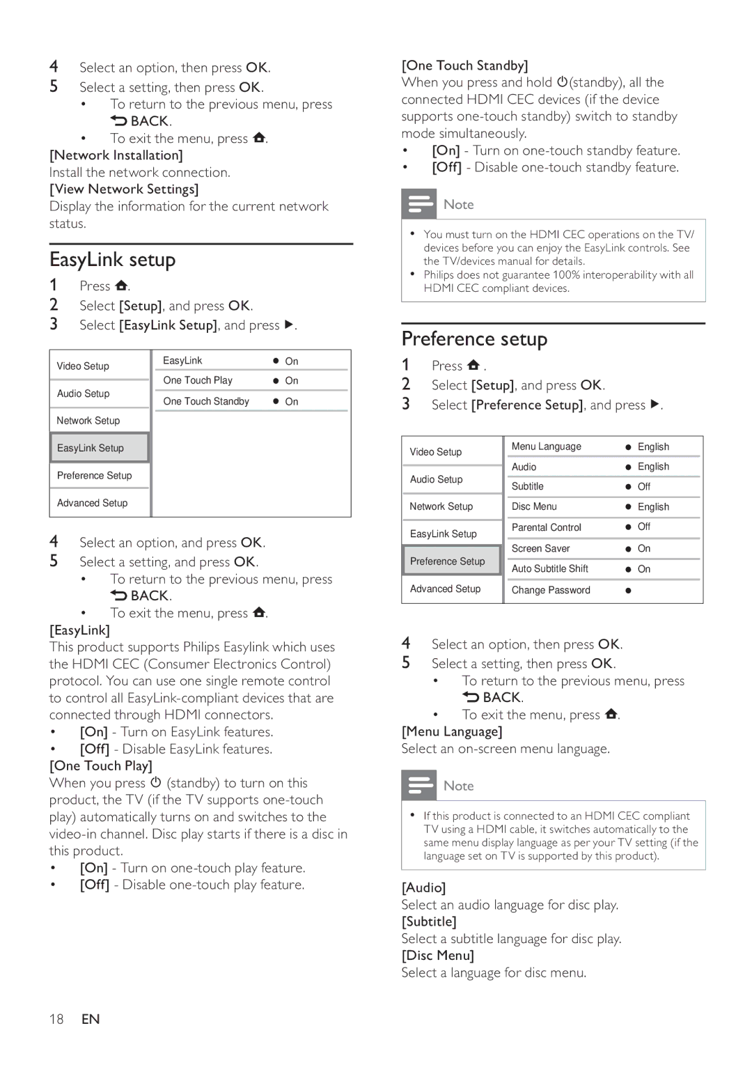 Philips BDP3100 user manual EasyLink setup, Preference setup, Back 