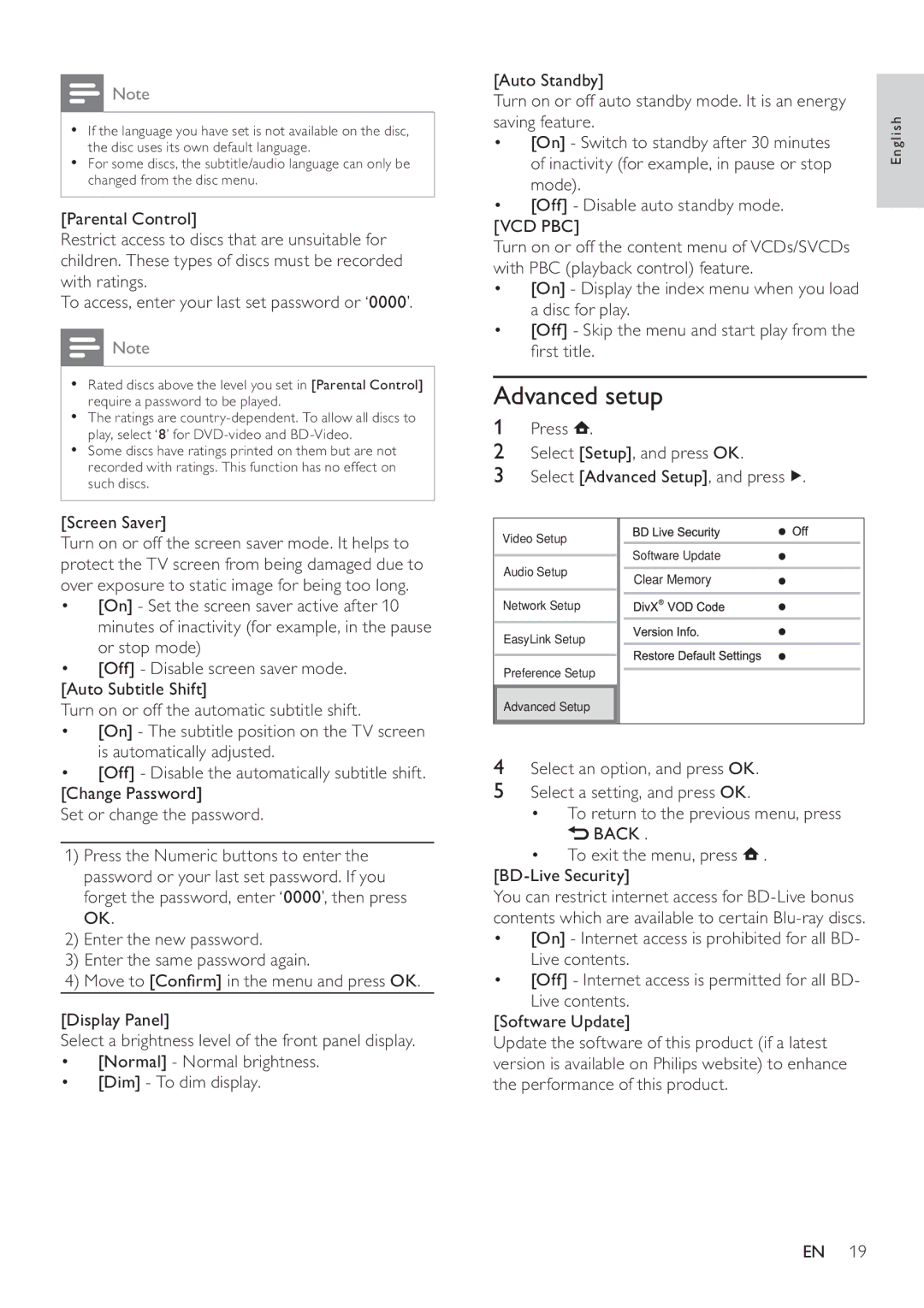 Philips BDP3100 user manual Advanced setup, Screen Saver 