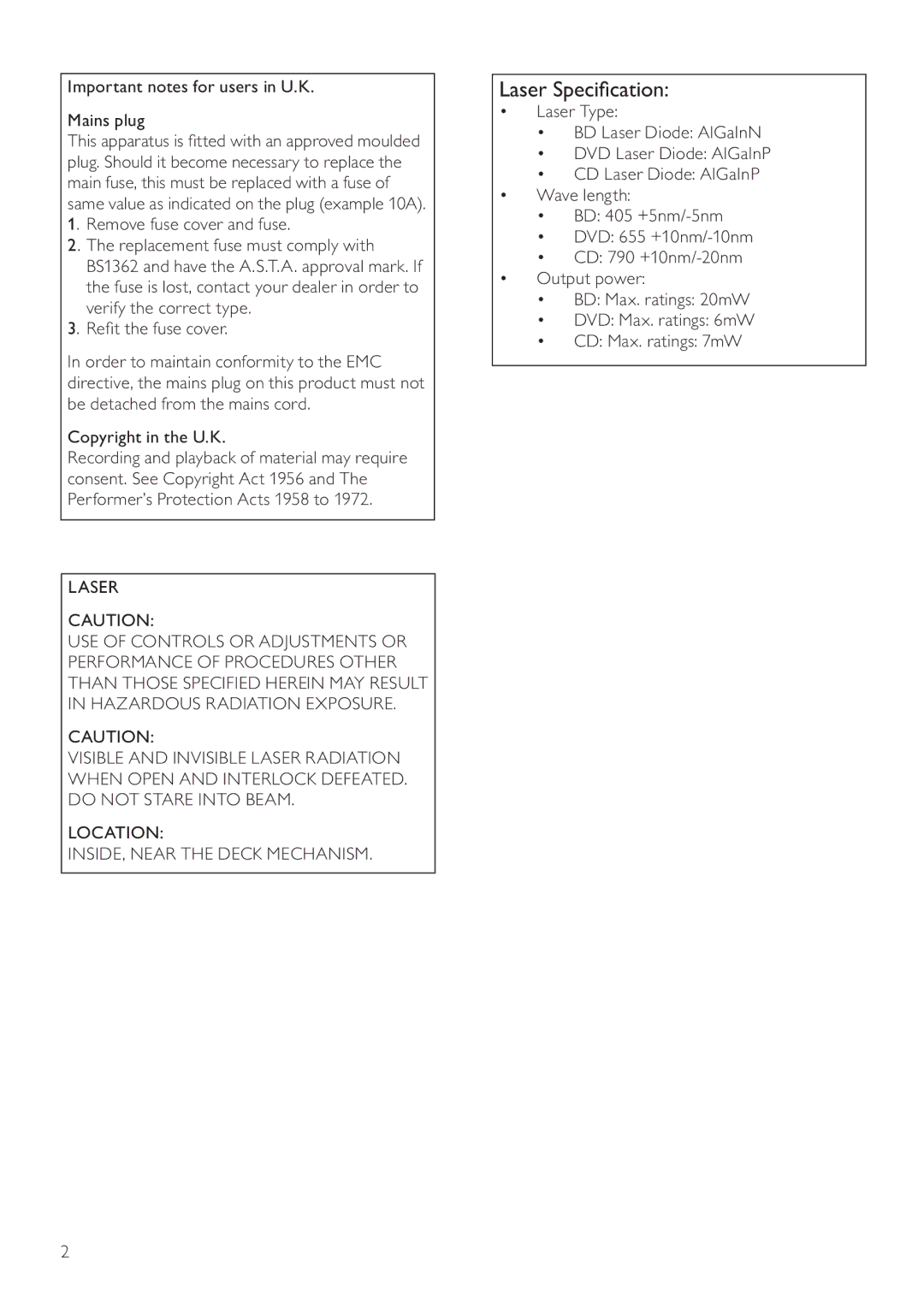 Philips BDP3100 user manual Laser Speciﬁcation, Important notes for users in U.K Mains plug 