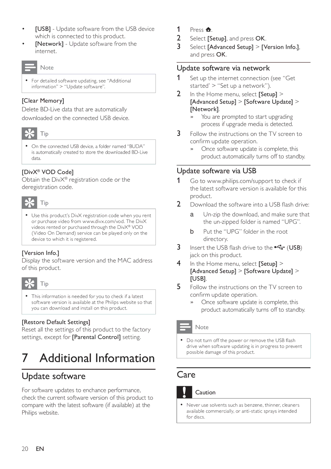 Philips BDP3100 user manual Additional Information, Care, Update software via network, Update software via USB 