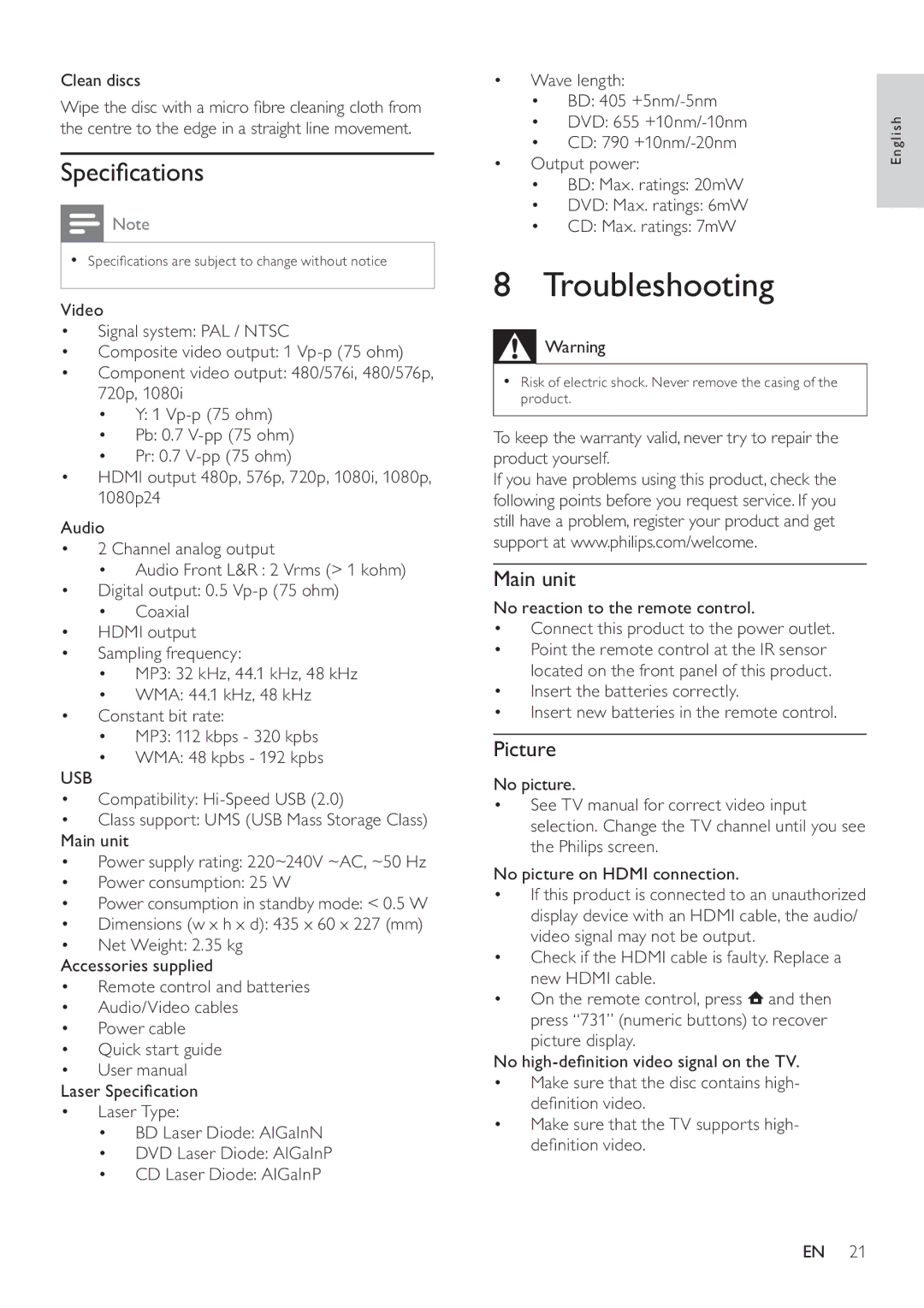 Philips BDP3100 user manual Troubleshooting, Speciﬁcations, Picture, Clean discs, Usb 