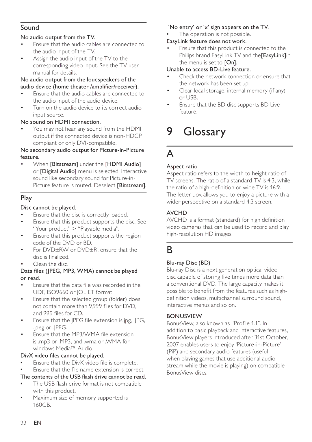 Philips BDP3100 user manual Glossary, Sound, Play, Avchd 