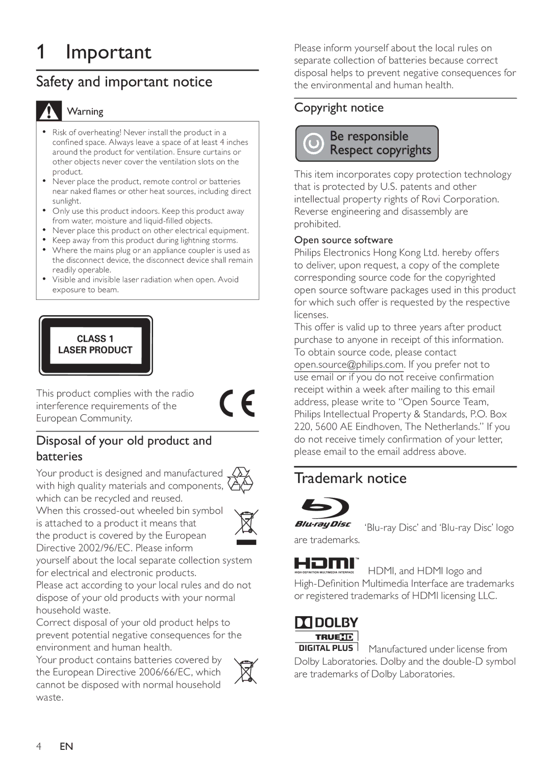 Philips BDP3100 user manual Safety and important notice, Trademark notice, Disposal of your old product and batteries 