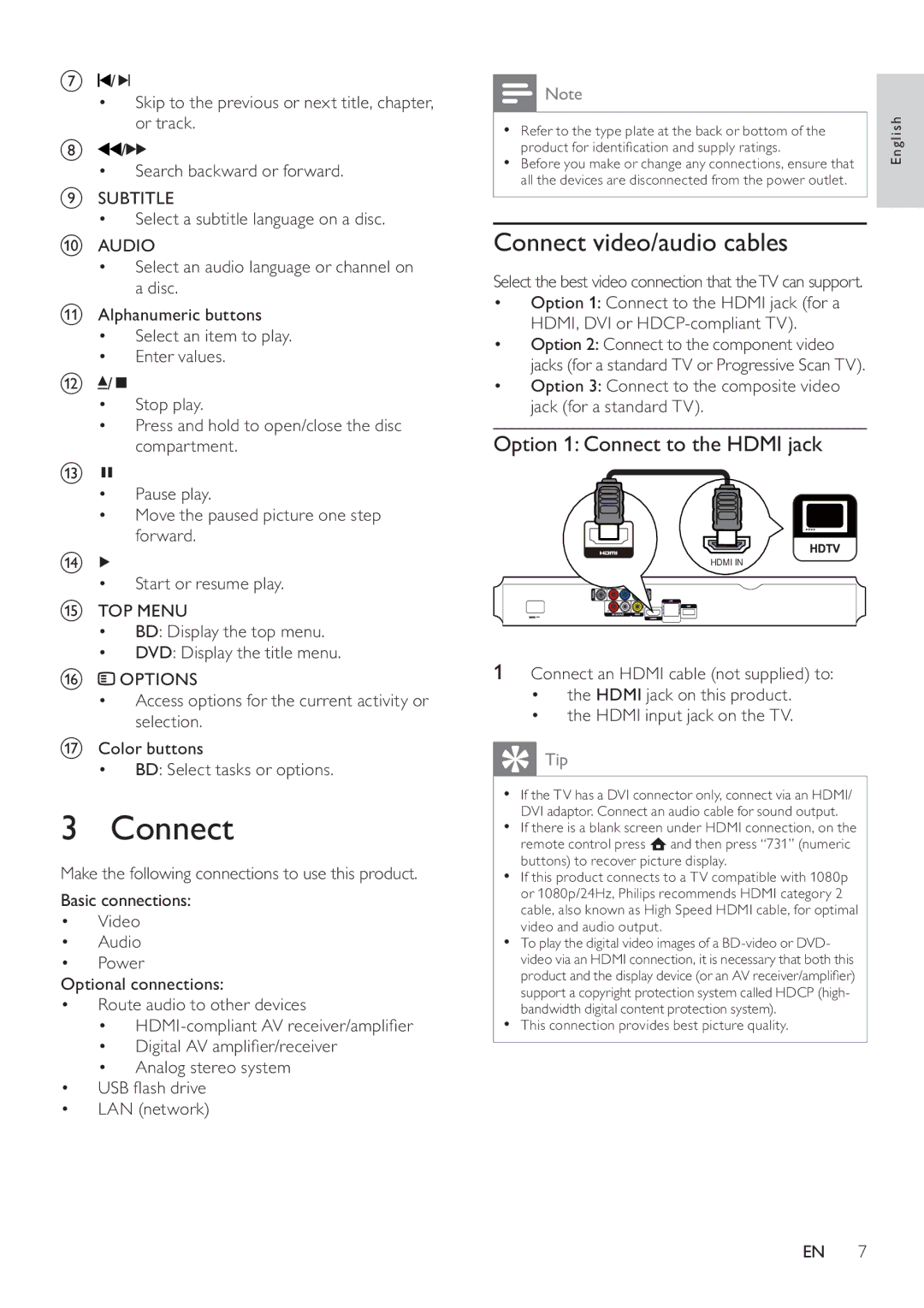 Philips BDP3100 user manual Connect video/audio cables, Option 1 Connect to the Hdmi jack 