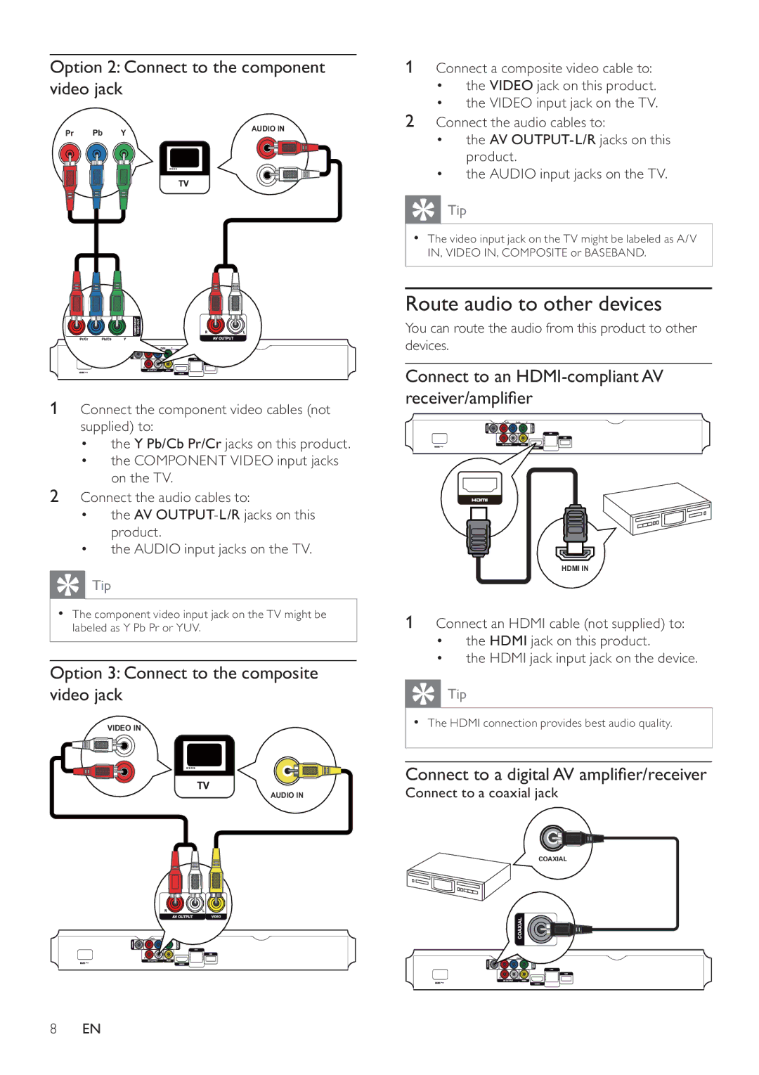 Philips BDP3100 user manual Route audio to other devices, Option 2 Connect to the component video jack 