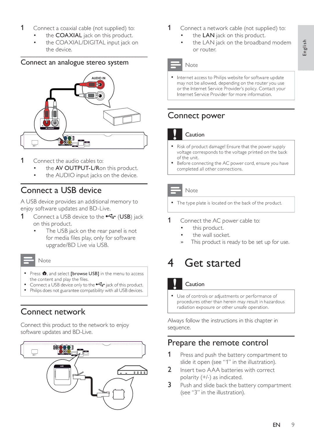 Philips BDP3100 user manual Get started, Connect a USB device, Connect network, Connect power, Prepare the remote control 