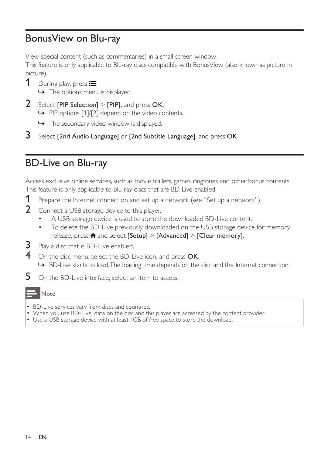 Philips BDP3200 user manual BonusView on Blu-ray, BD-Live on Blu-ray 