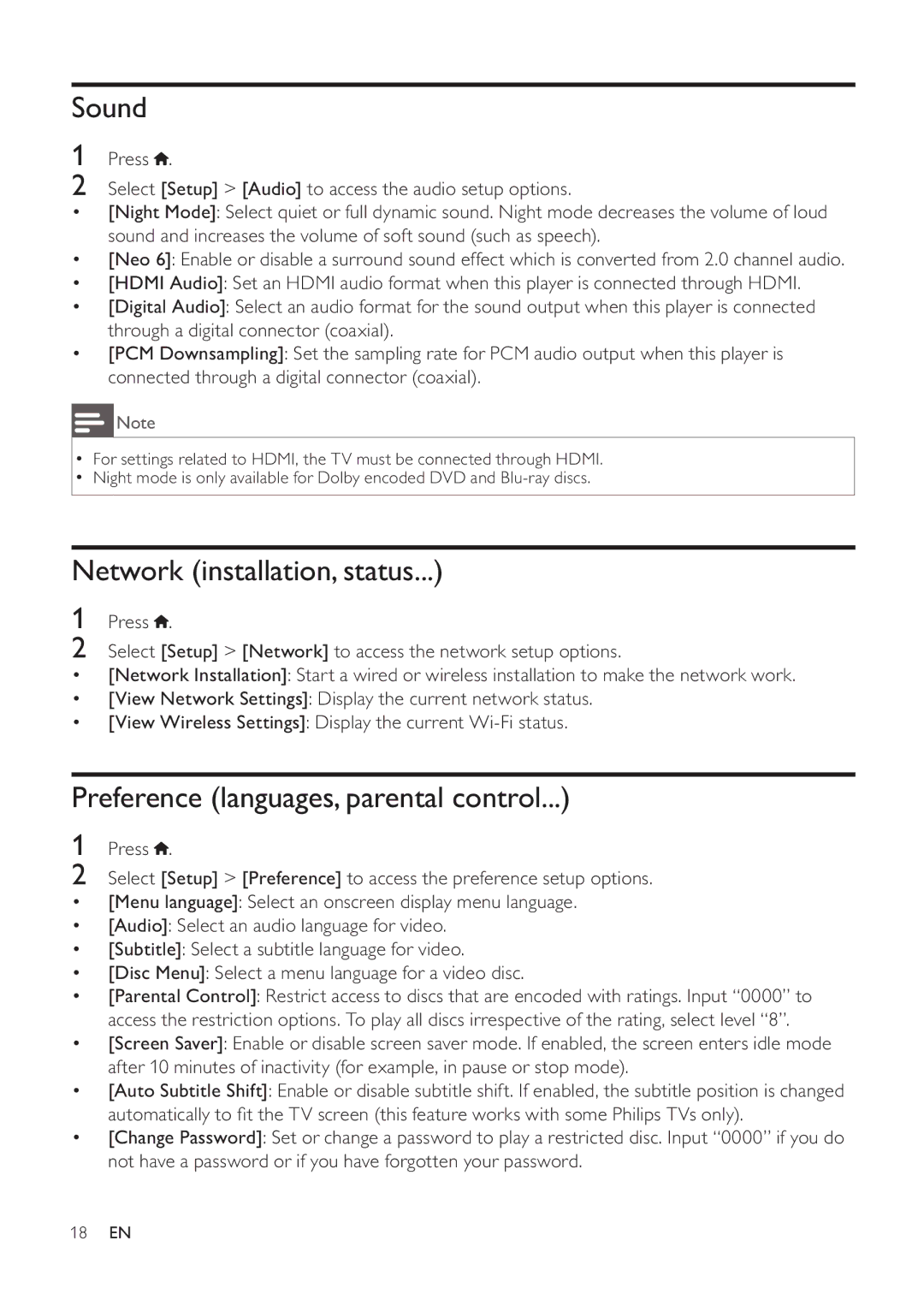 Philips BDP3200 user manual Sound, Network installation, status, Preference languages, parental control 