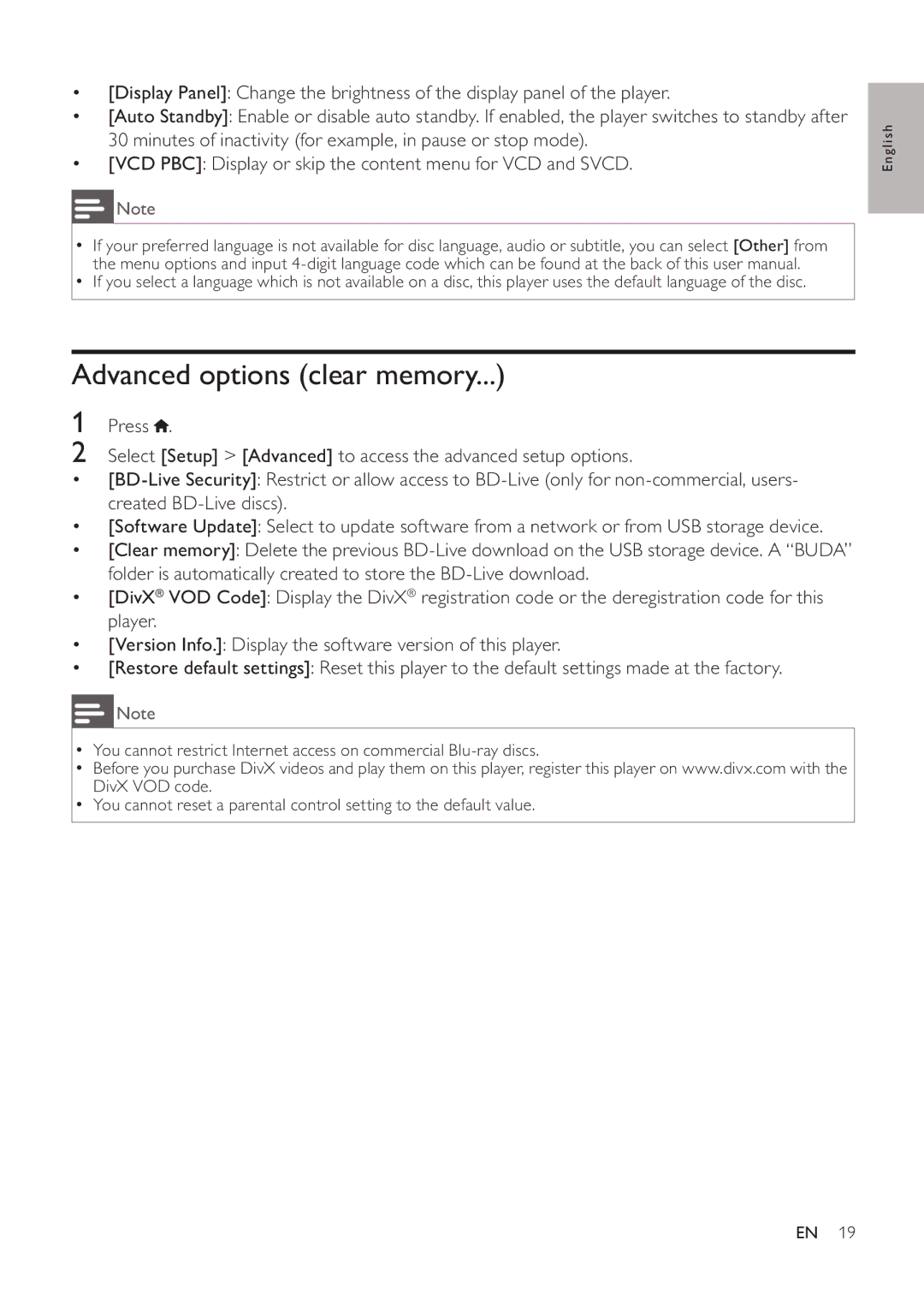 Philips BDP3200 user manual Advanced options clear memory 