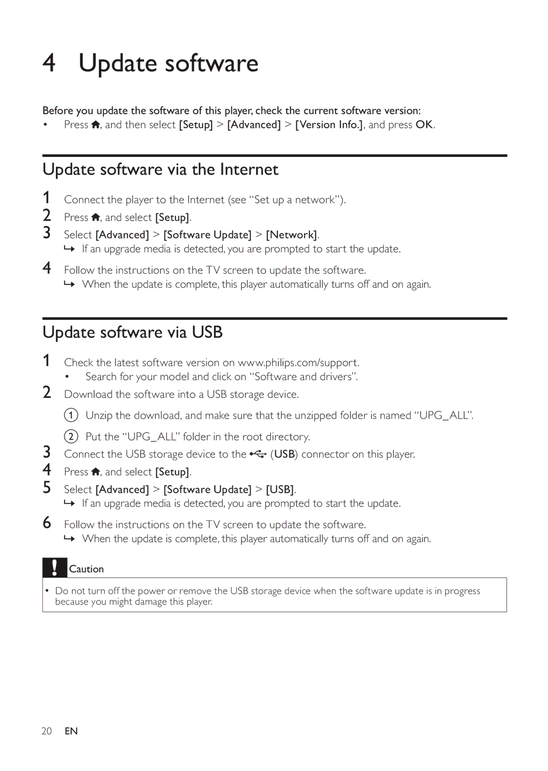 Philips BDP3200 user manual Update software via the Internet, Update software via USB 