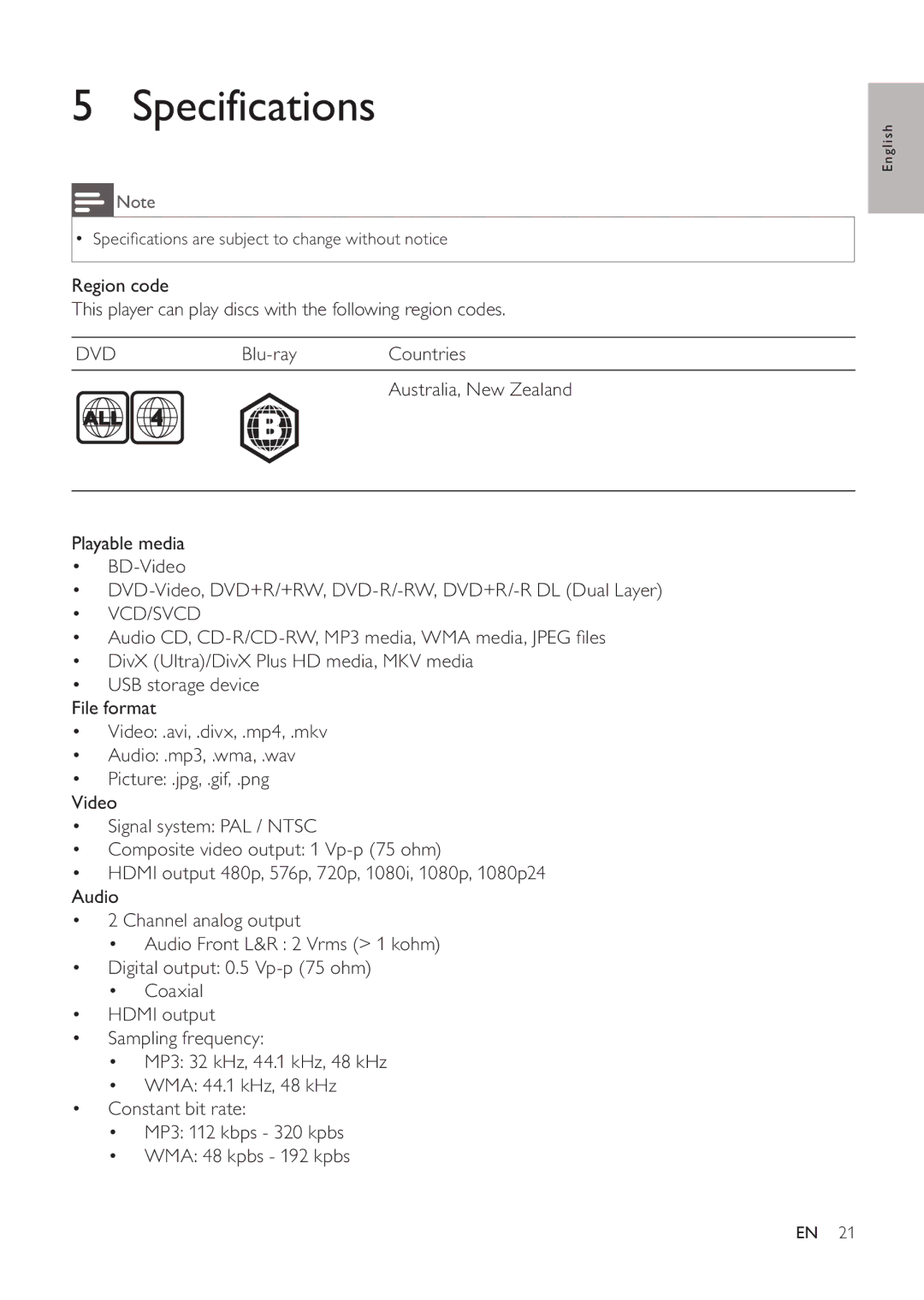 Philips BDP3200 user manual Specifications, Dvd 