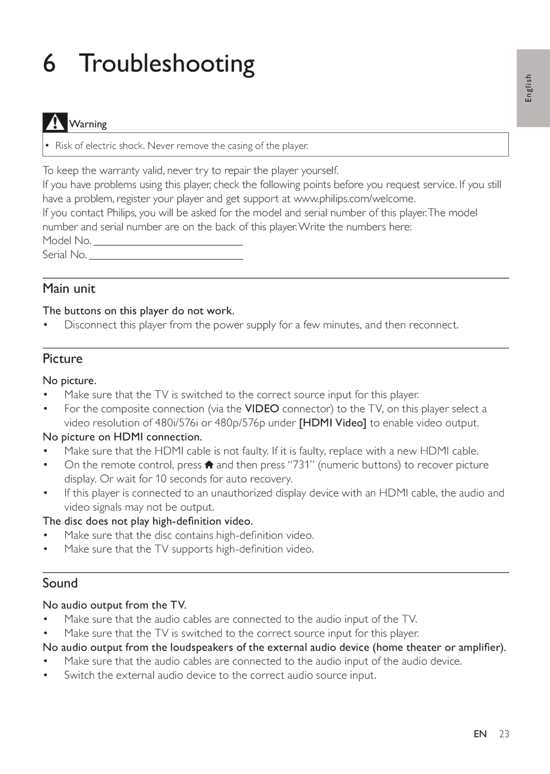 Philips BDP3200 user manual Troubleshooting, Main unit 