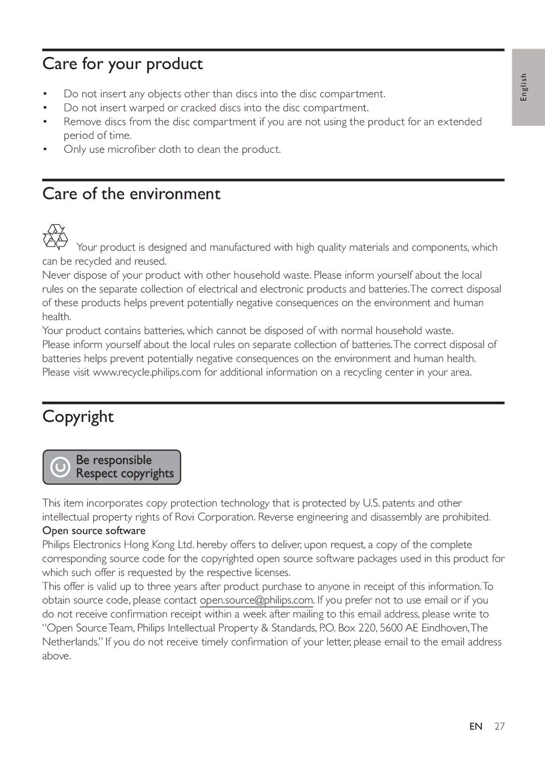 Philips BDP3200 user manual Care for your product, Care of the environment, Copyright 