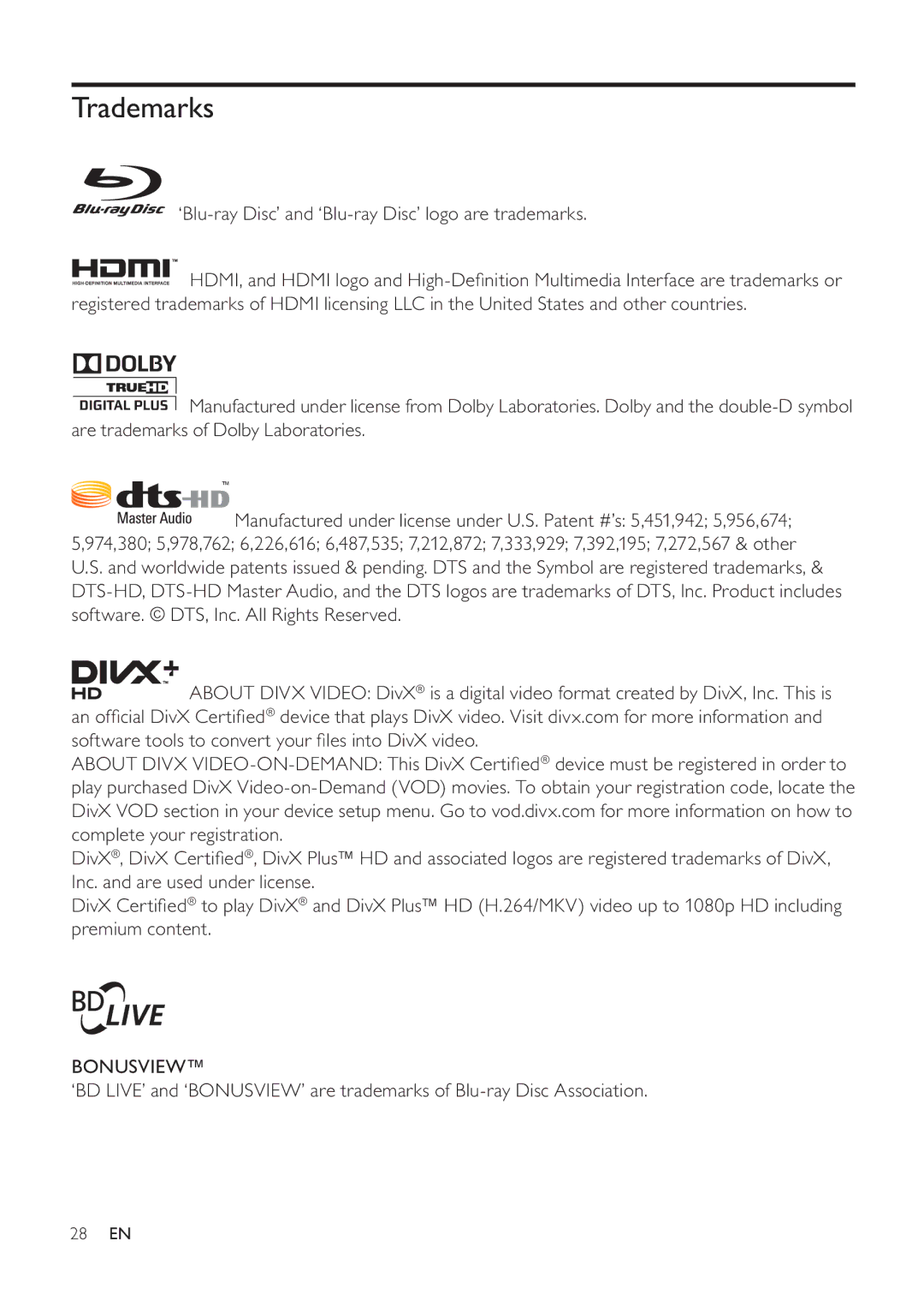 Philips BDP3200 user manual Trademarks, ‘Blu-ray Disc’ and ‘Blu-ray Disc’ logo are trademarks 