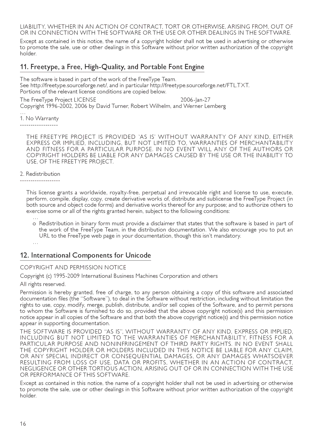 Philips BDP3200 user manual Freetype, a Free, High-Quality, and Portable Font Engine, International Components for Unicode 