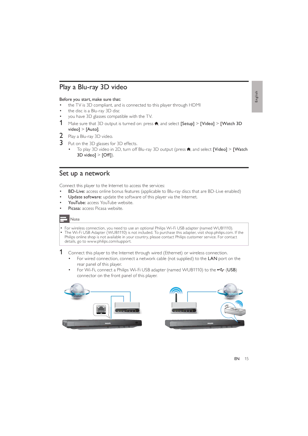 Philips BDP3280 user manual Play a Blu-ray 3D video, Set up a network 