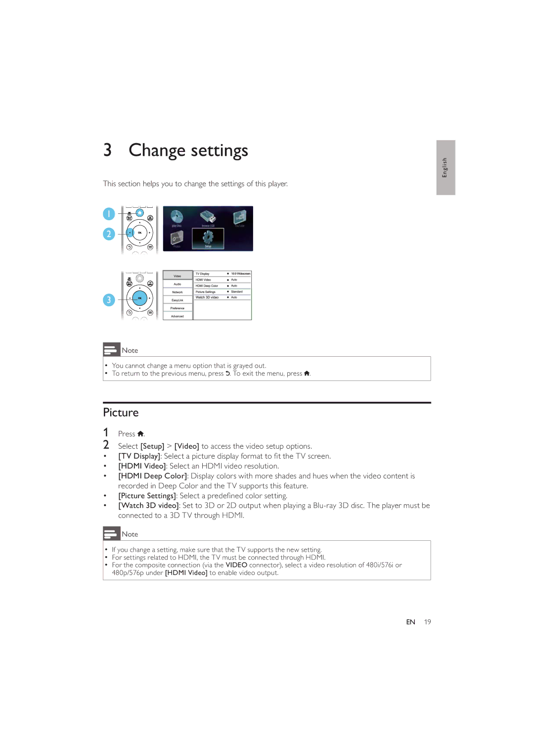 Philips BDP3280 user manual Change settings, Picture 