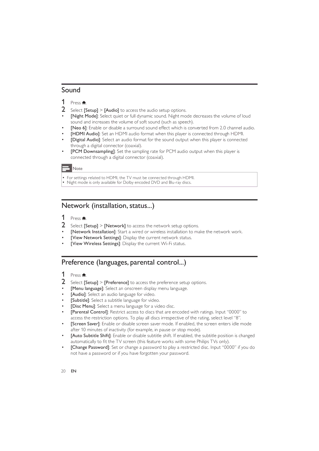 Philips BDP3280 user manual Sound, Network installation, status, Preference languages, parental control 