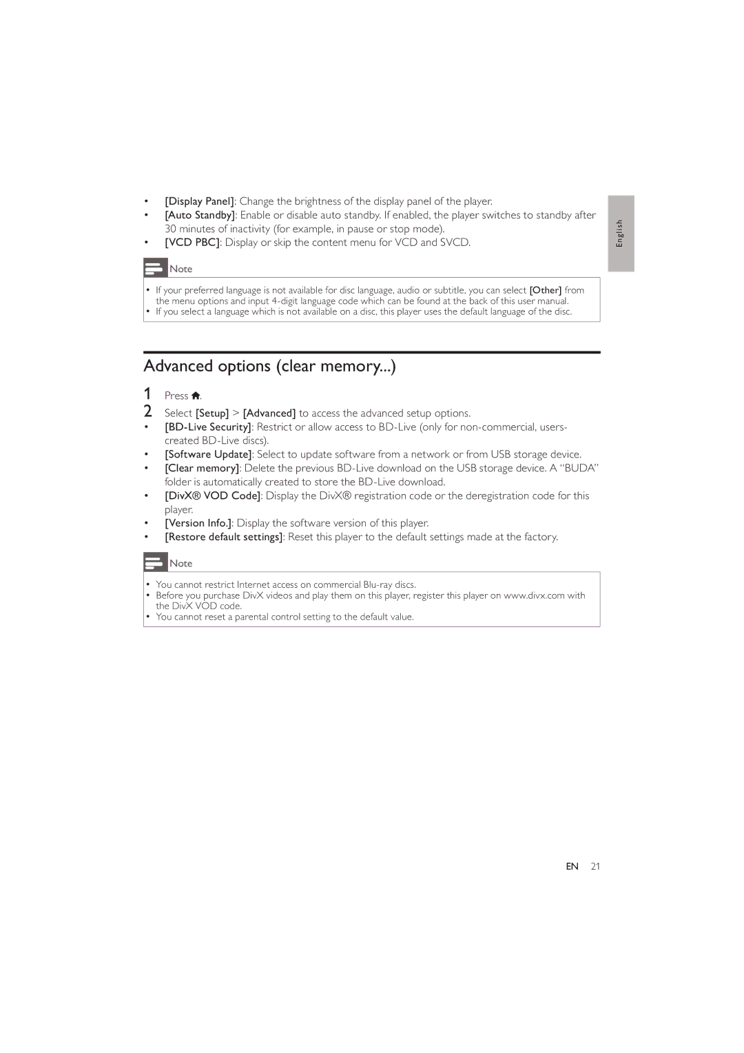 Philips BDP3280 user manual Advanced options clear memory 