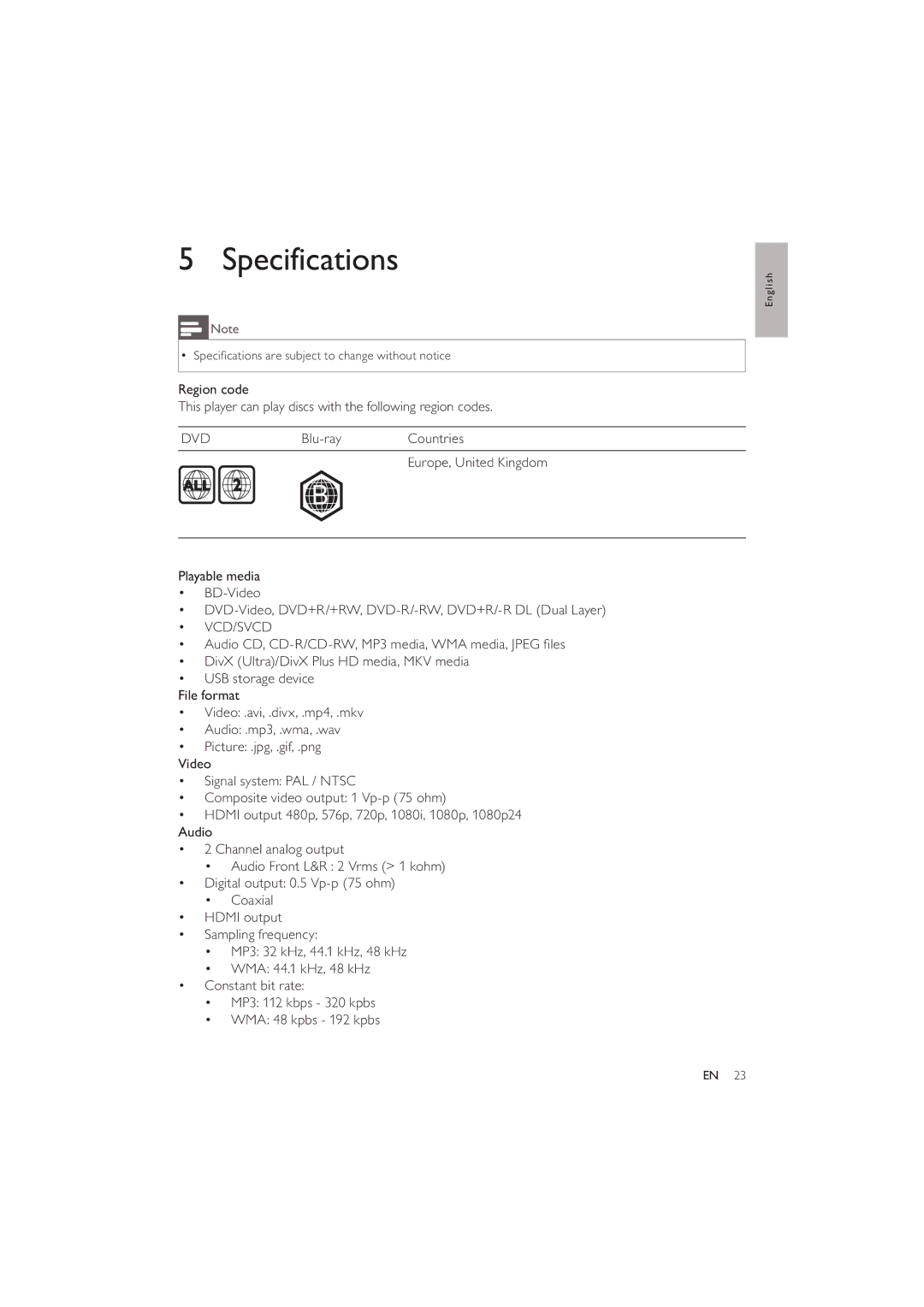 Philips BDP3280 user manual Specifications 