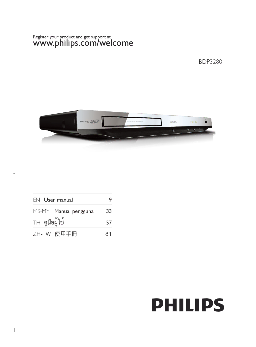 Philips BDP3280 user manual Register your product and get support at 