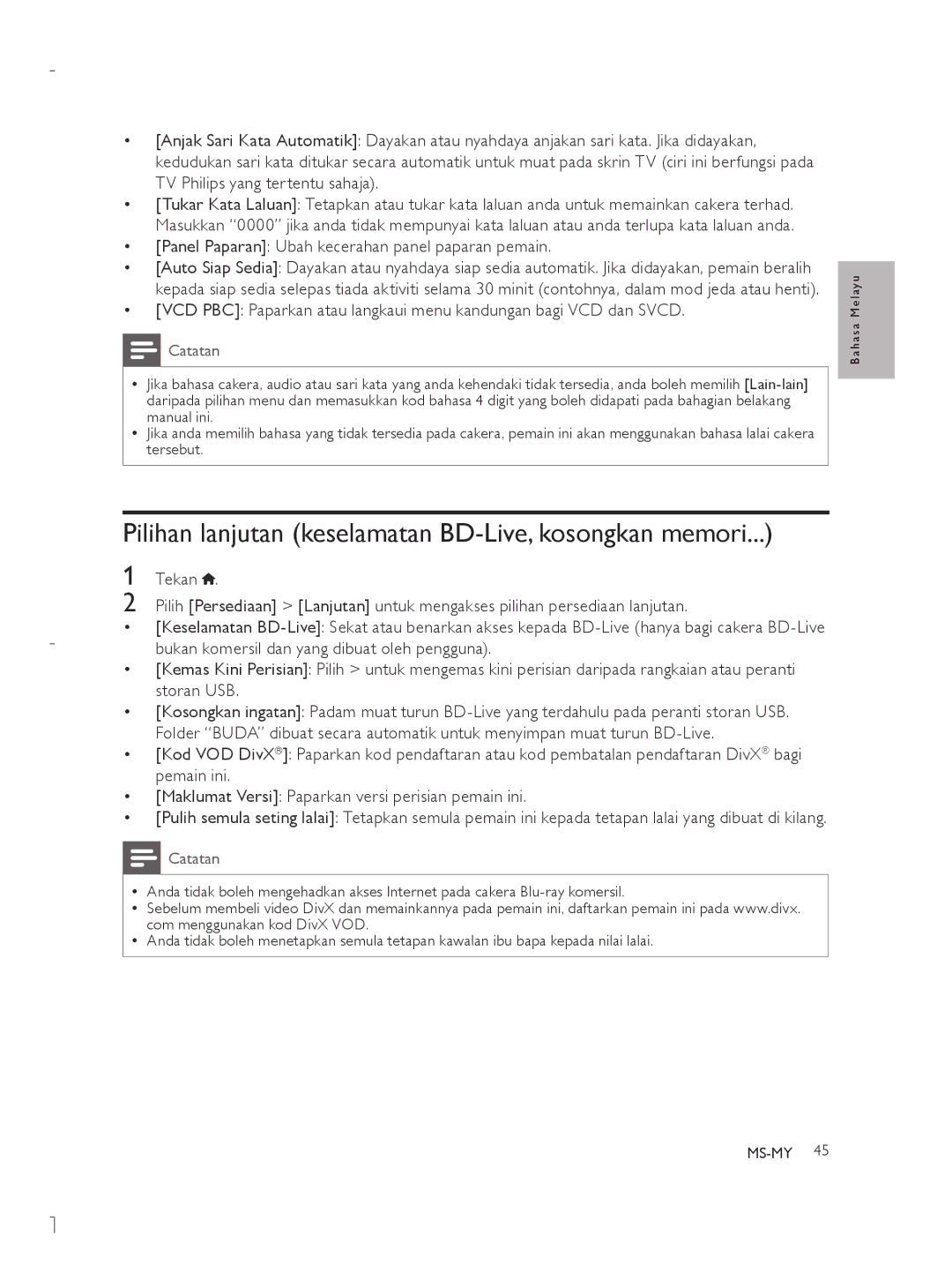 Philips BDP3280 user manual Pilihan lanjutan keselamatan BD-Live, kosongkan memori, TV Philips yang tertentu sahaja 