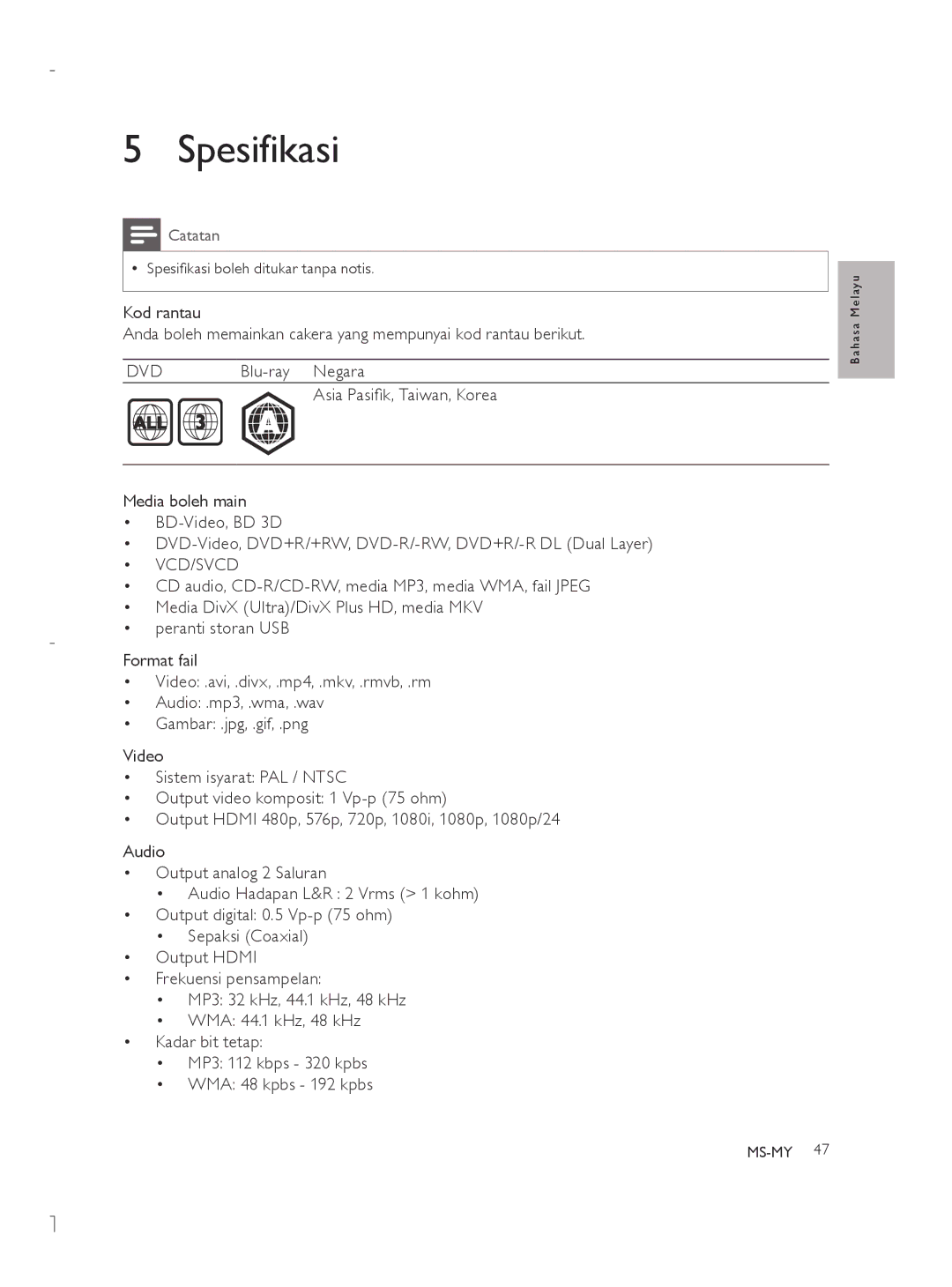 Philips BDP3280 user manual Spesifikasi, Blu-ray Negara 