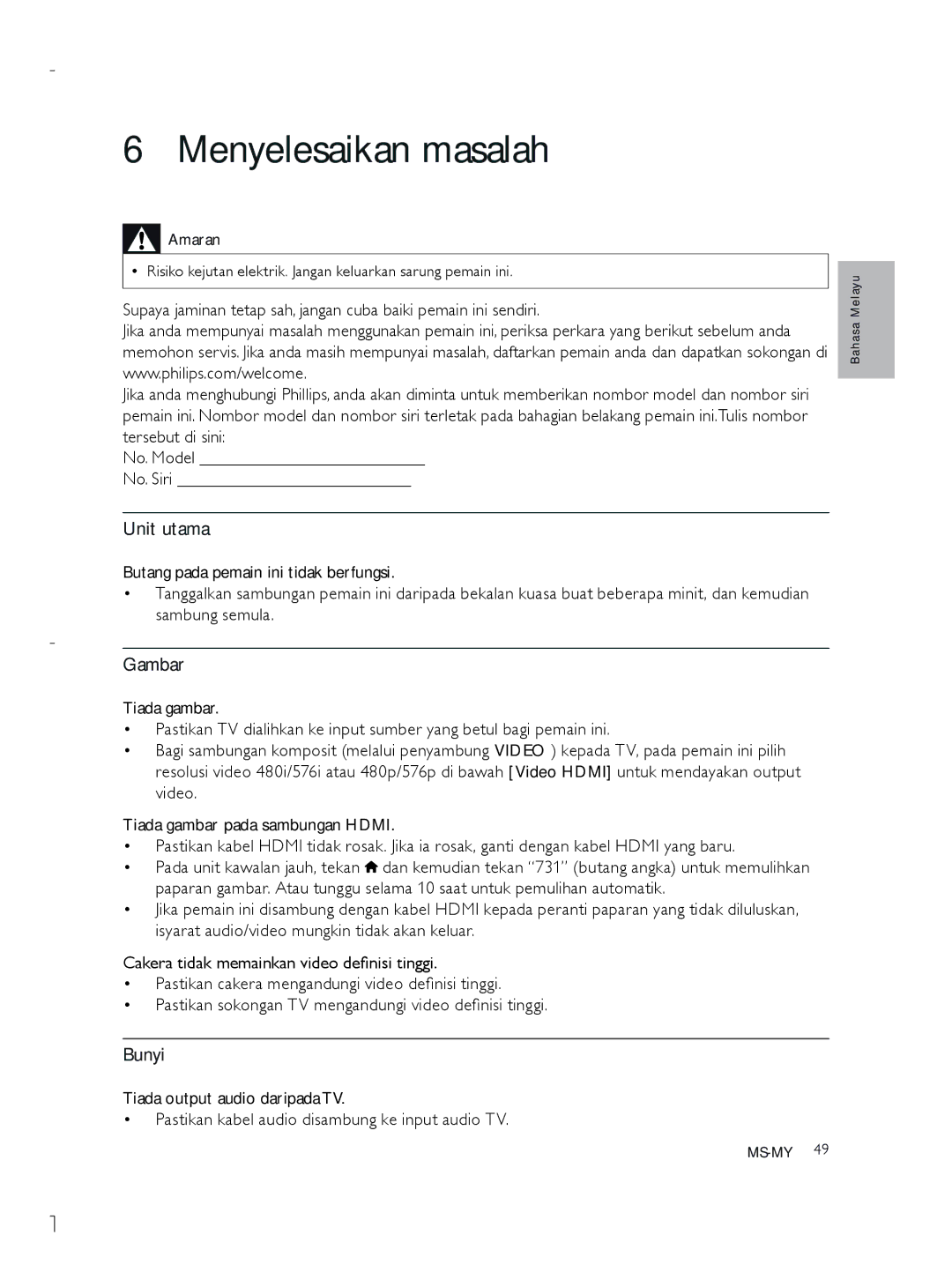 Philips BDP3280 user manual Menyelesaikan masalah, Unit utama, Gambar, Bunyi 