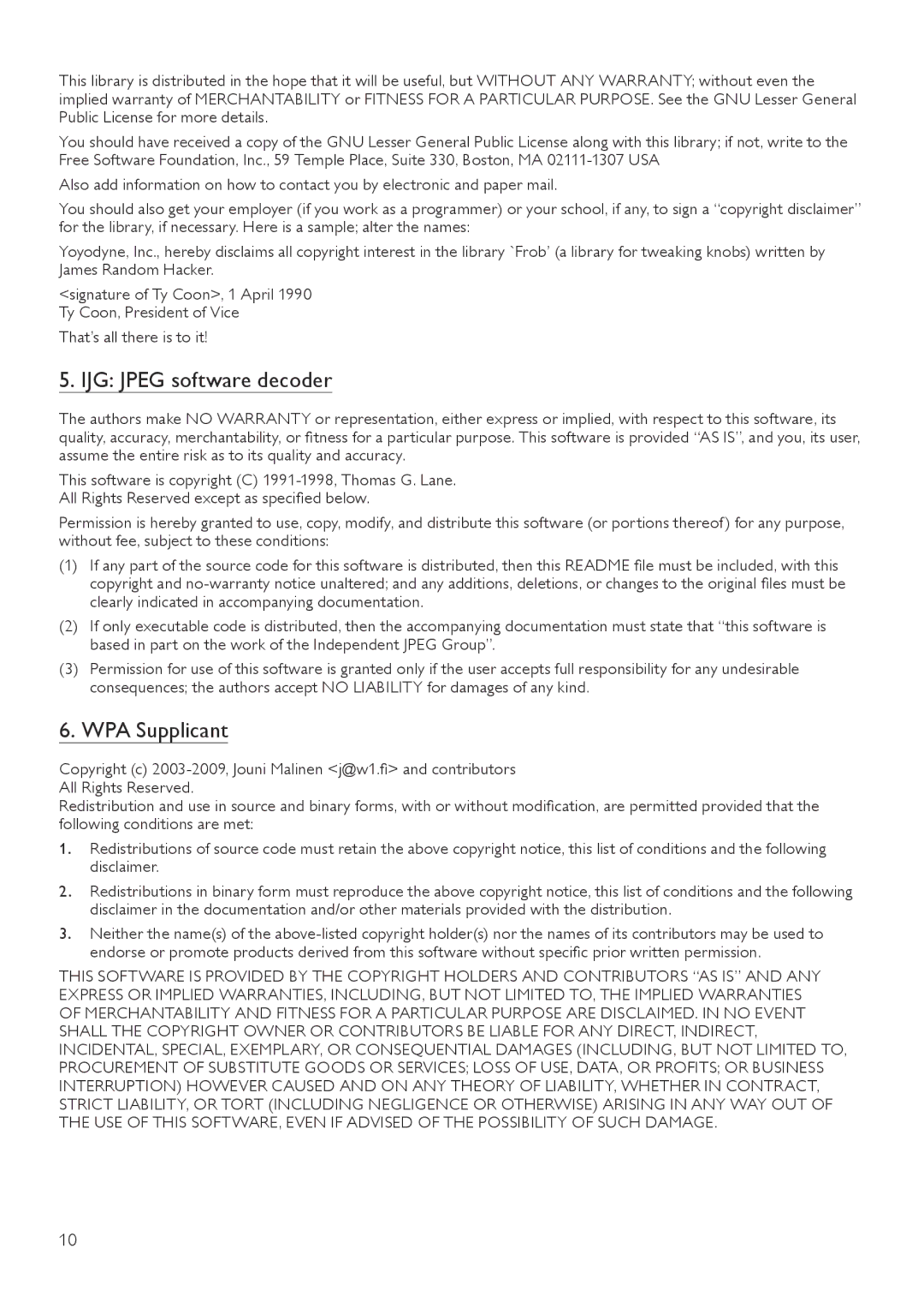 Philips BDP3280 user manual IJG Jpeg software decoder, WPA Supplicant 