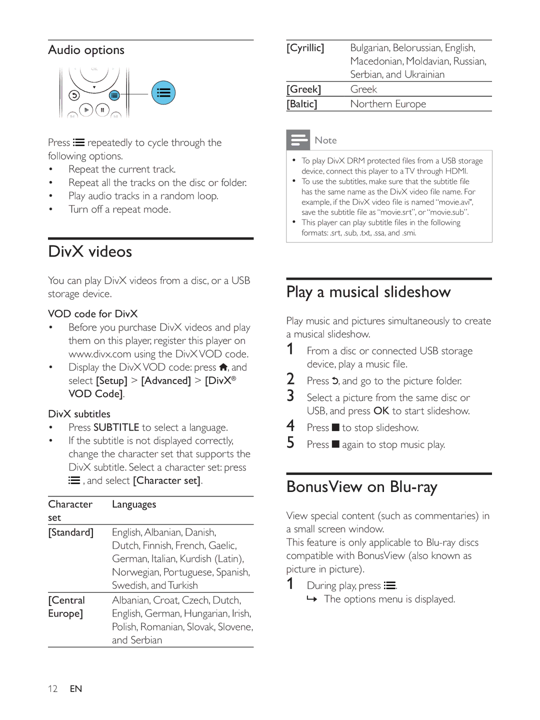 Philips BDP3300K user manual DivX videos, Play a musical slideshow, BonusView on Blu-ray, Audio options 