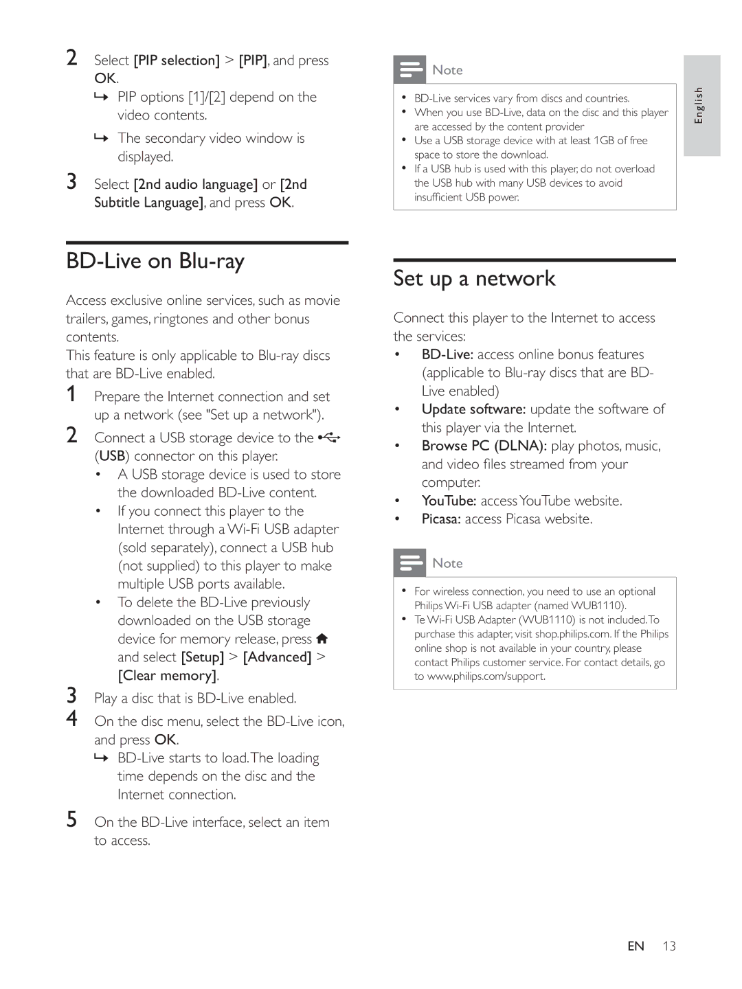 Philips BDP3300K user manual BD-Live on Blu-ray, Set up a network, To delete the BD-Live previously 