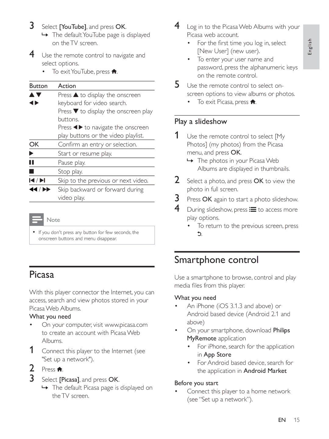 Philips BDP3300K user manual Picasa, Smartphone control, Play a slideshow 