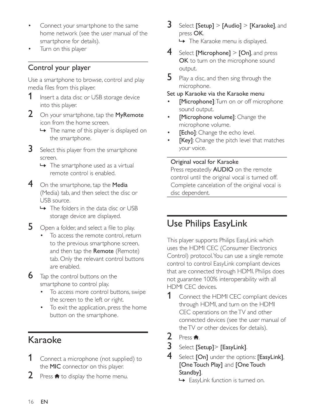 Philips BDP3300K user manual Karaoke, Use Philips EasyLink, Control your player 