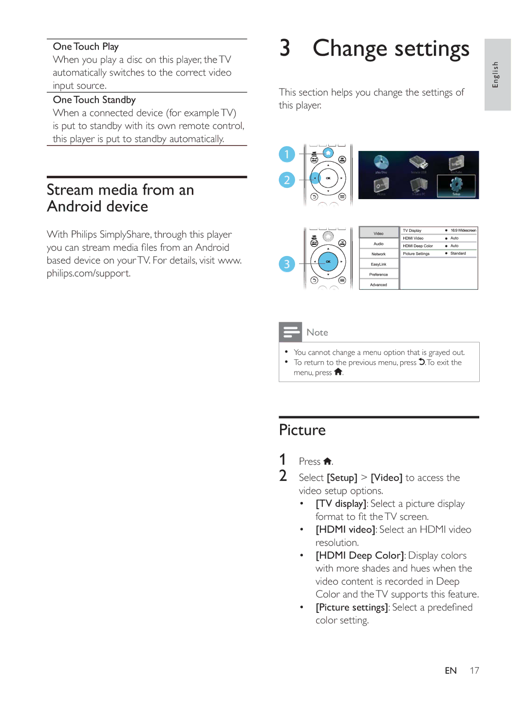 Philips BDP3300K user manual Change settings, Stream media from an Android device, Picture 