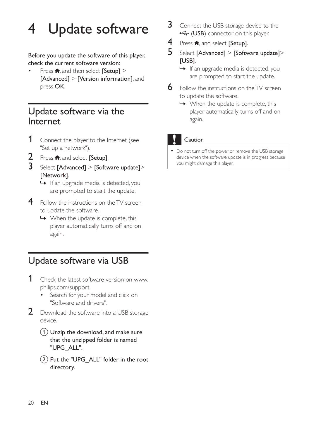 Philips BDP3300K user manual Update software via the Internet, Update software via USB 