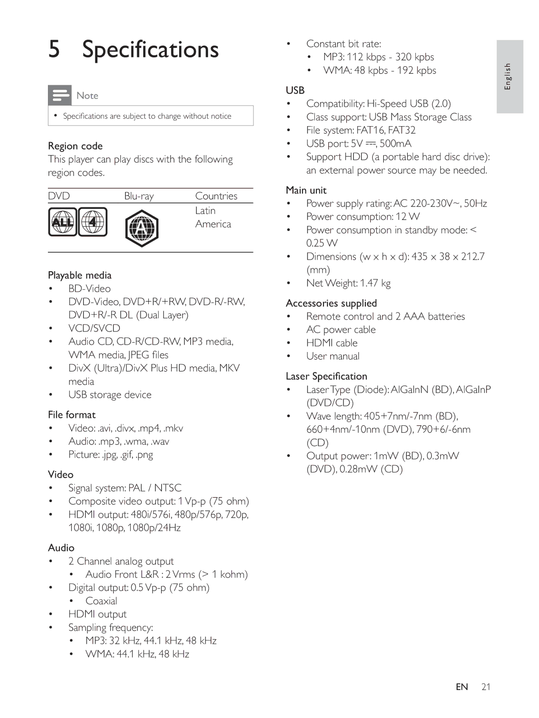 Philips BDP3300K user manual Specifications, Blu-ray, Latin, America, Playable media BD-Video 