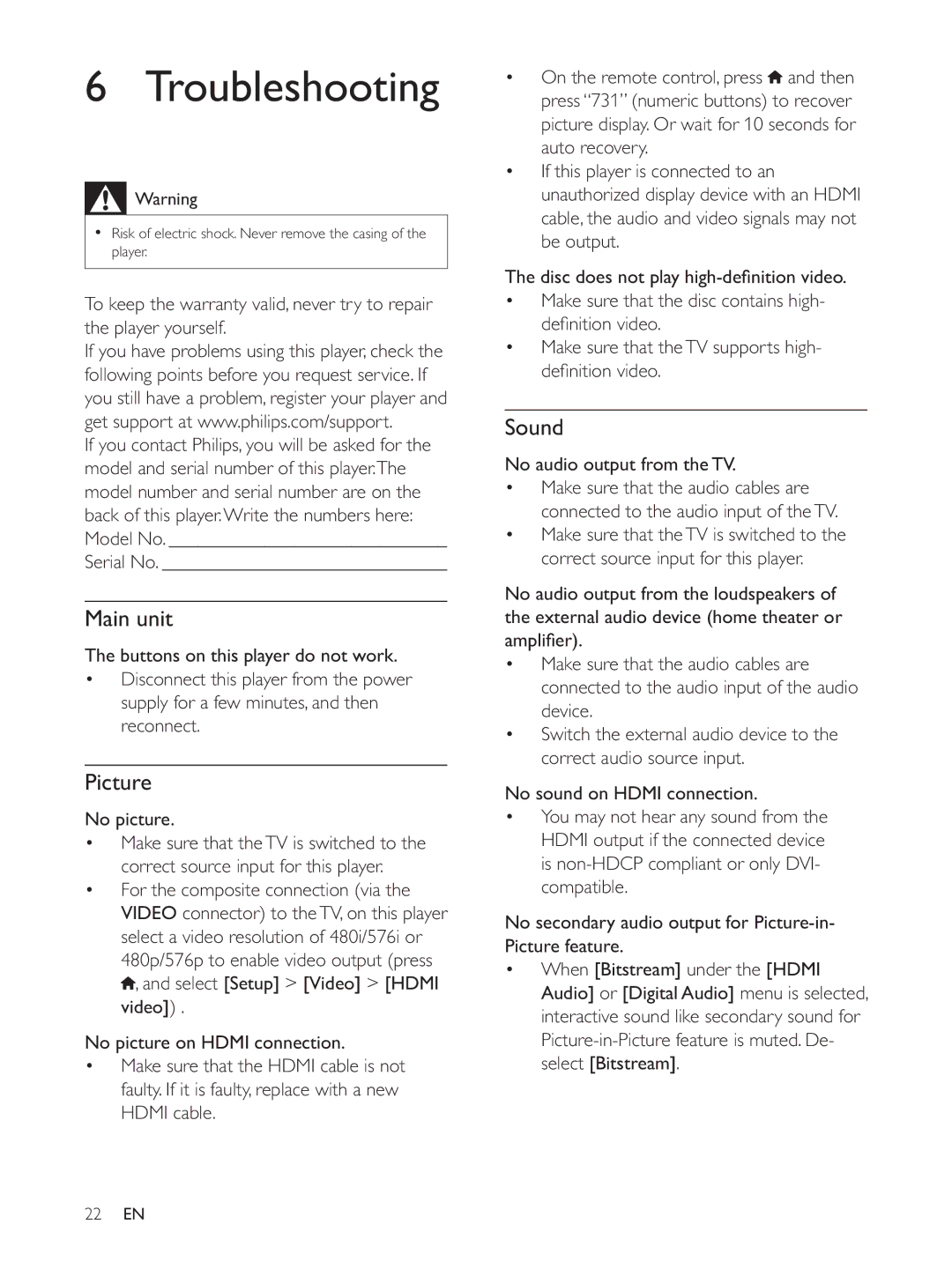 Philips BDP3300K user manual Troubleshooting, Main unit, Picture, Sound 