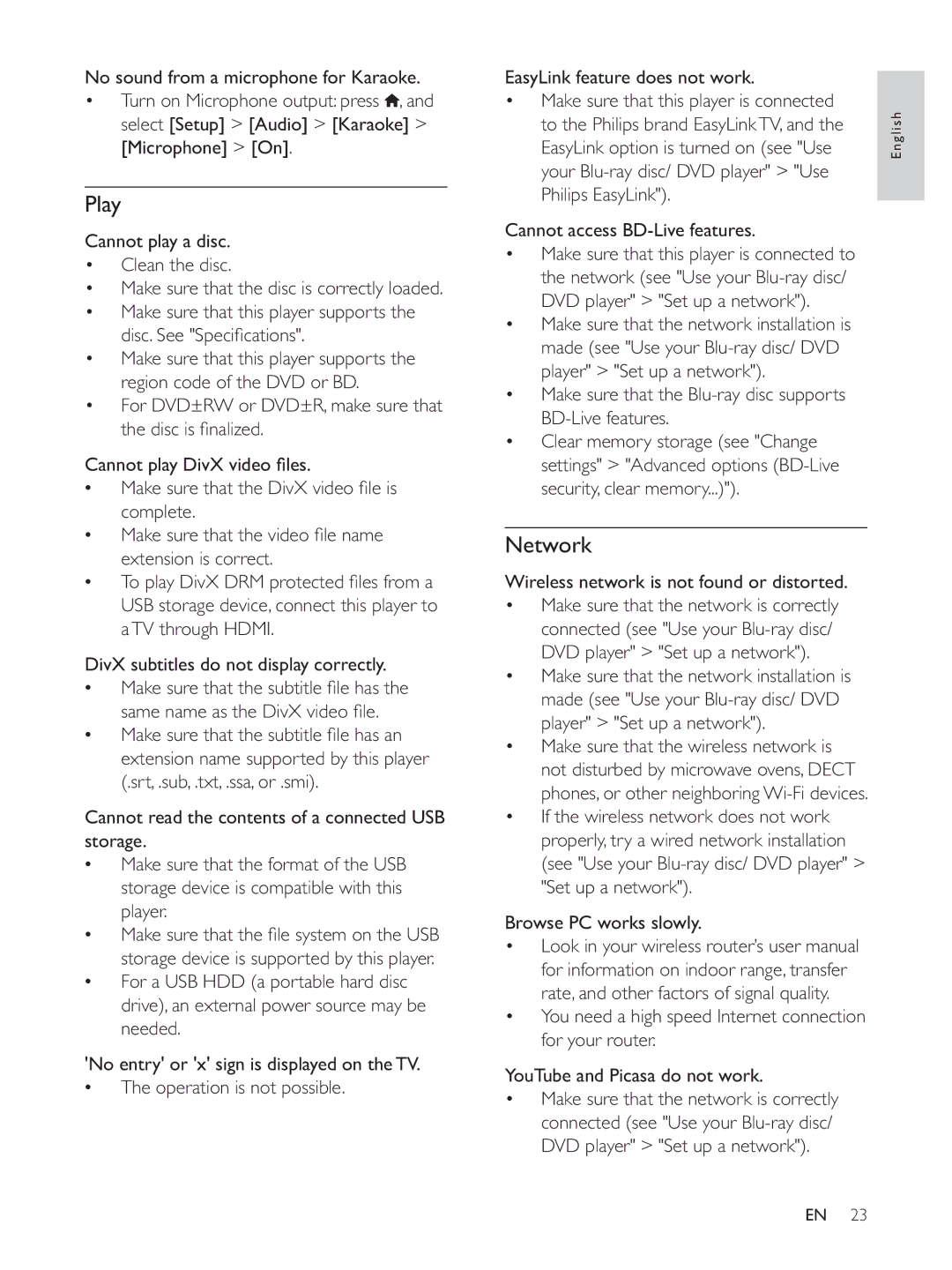 Philips BDP3300K user manual Play, Network, Select Setup Audio Karaoke Microphone On, Cannot play a disc Clean the disc 