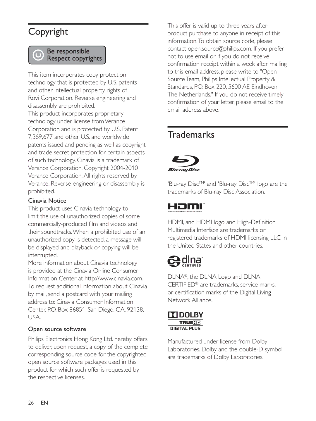 Philips BDP3300K user manual Copyright, Trademarks, Cinavia Notice, Email address above, Network Alliance 