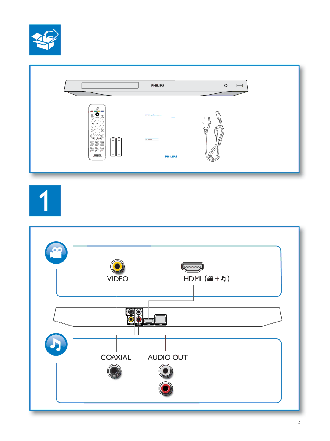 Philips BDP3300K user manual Videohdmi Coaxial Audio OUT 