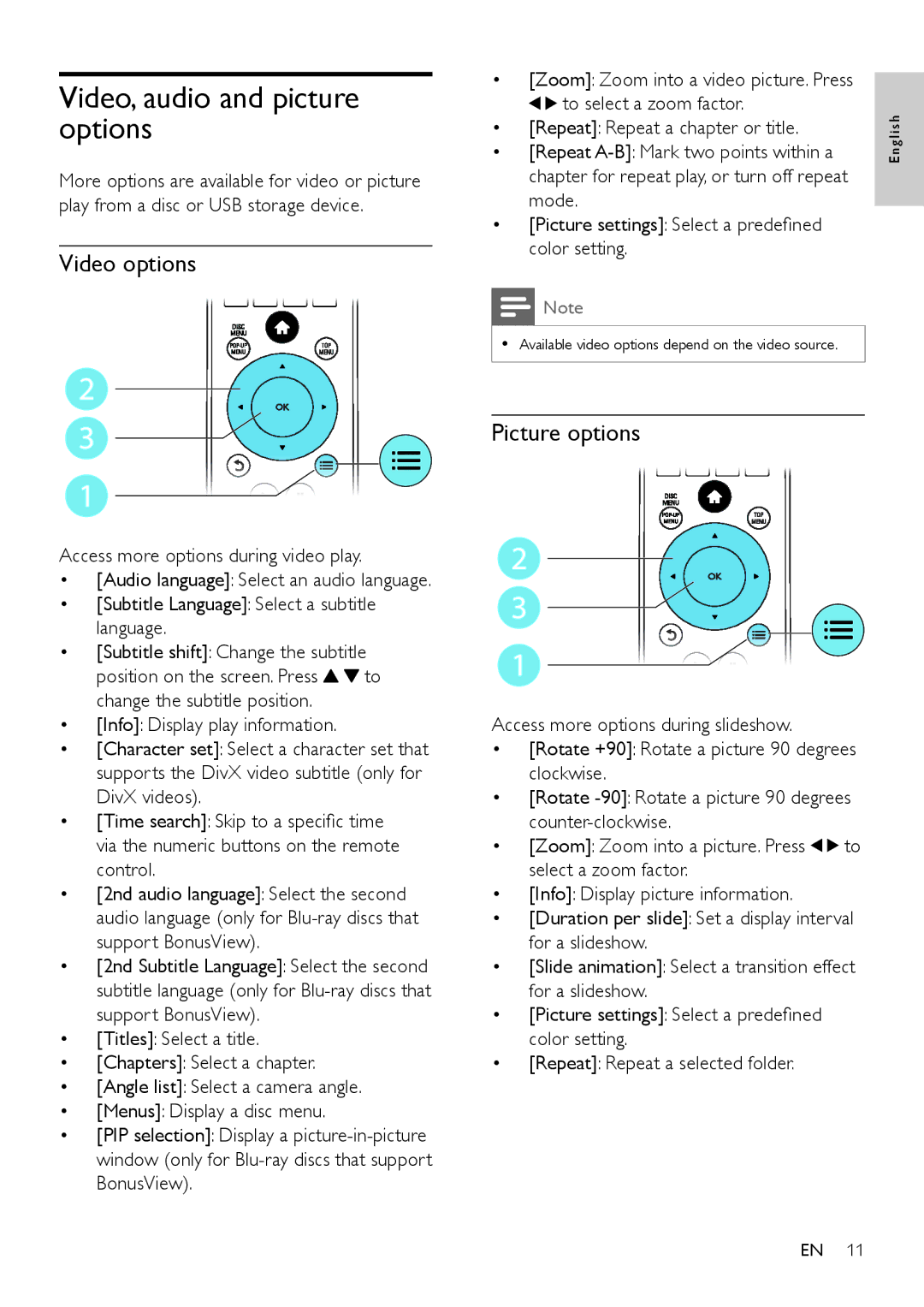 Philips BDP3310, BDP3305 user manual Video, audio and picture options, Video options, Picture options 